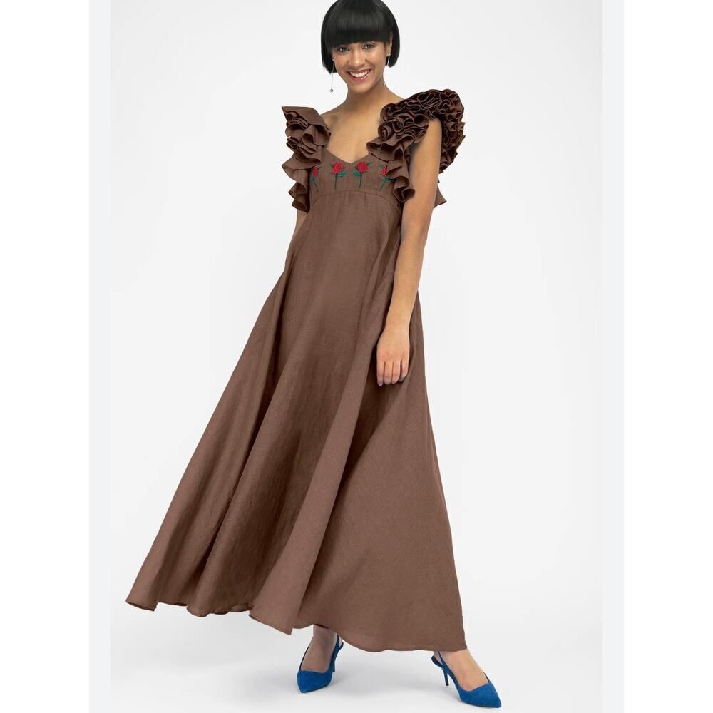 Fanm Mon Demre Embroidered Maxi Dress Size Small/Brown